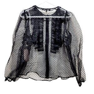 Sheer Black Polka Dot Long Sleeve Blouse With Ruffle Detail Size M
